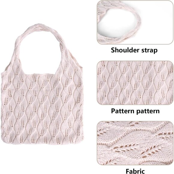 Women's Beige 3 Crochet Bag Cute Mesh Summer Knitted Shoulder Beach Tote Bags - Picture 3 of 6